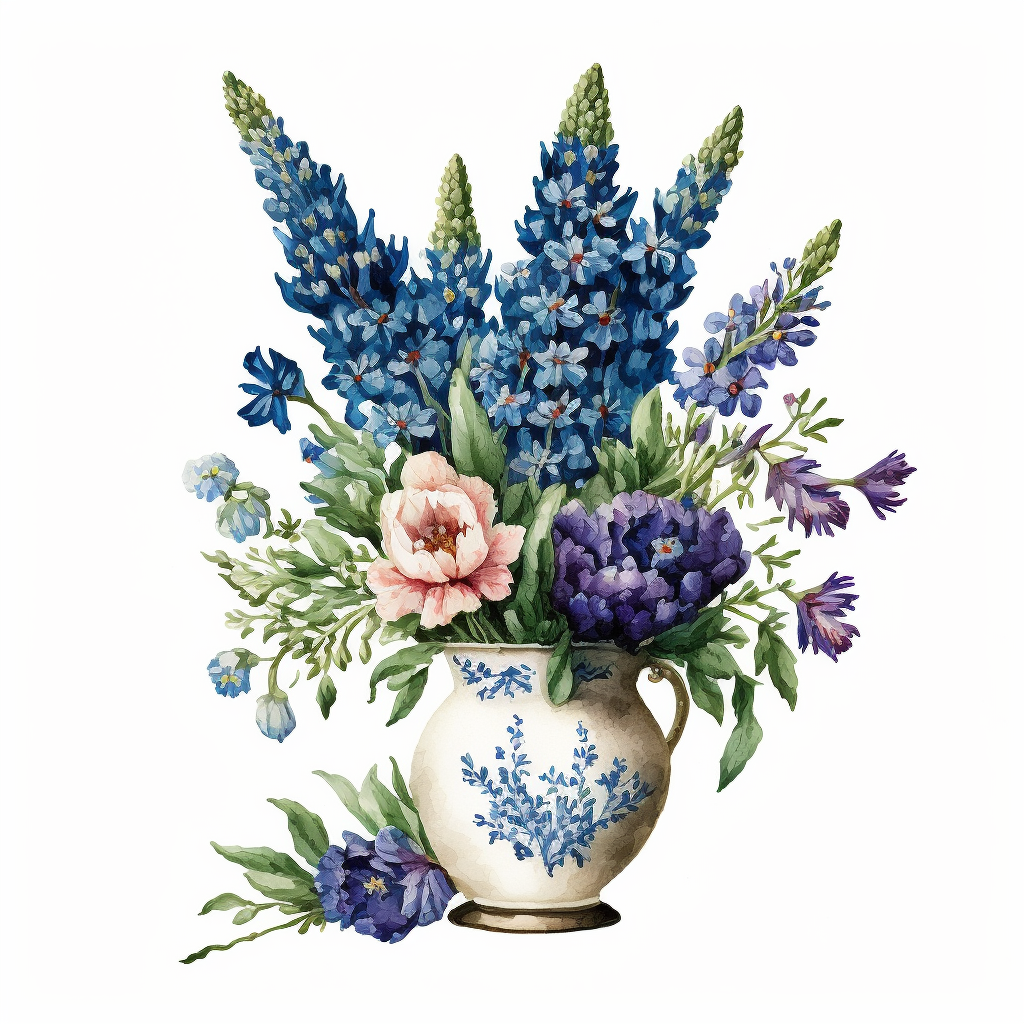 Watercolor Blue Bonnets, Clipart rose floral bouqet in a cute vase ...