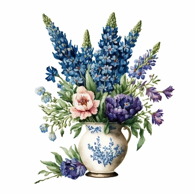 Watercolor Blue Bonnets, Clipart rose floral bouqet in a cute vase, white background, no text, no caption
