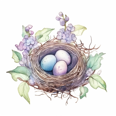 handprinted Watercolor Bird Nests Clipart, flowers and leaves, 3 eggs on the nest
