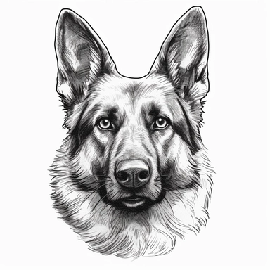 German Shepherd clipart no background, white, black, svg, sketchbook,free lines, on paper