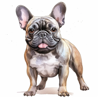 high detailed, Hand drawn watercolor clipart of a happy French Bulldog on a farm, on a pure white background for background removal, no shadow, no paint splash