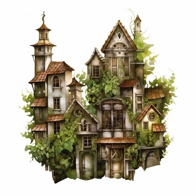 Steampunk style buildings with watercolor effect,unrealistic fantastic,white background,suitable for digital cliparts,fantastic scene,high quality,leaves,ivy,green plants