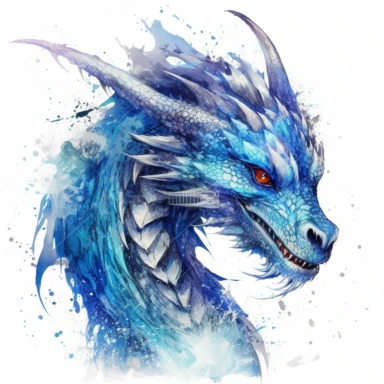 stuningly beautifull dangerous expressive looking shimmering electric blue wind dragon WITH HIGH DETAILED EYES with a fixing stare head an curved long neck looking in the camera with wind howling around its body , shimmering dust , magical glow, clipart, fantasy clipart watercolor fairytale dragon art watercolor art in front of a hills highly detailed uplight 8k in front of white background , WHITE BACKGROUND