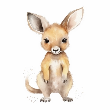 an active baby kangaroo with kind eyes clipart with watercolor illustration,full body shot,8k,etsy style, white background