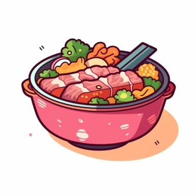 japanese meat meal, kawaii colors, clipart sticker on white background