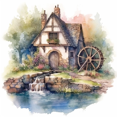 watercolor clipart artwork showcasing the beauty of an ancient medieval cottage surrounded by nature's tranquility. The cottage, situated alongside a calm and meandering river, features a charming waterwheel that turns gracefully, adding a touch of whimsy to the scene. The artist's meticulous attention to detail brings the rustic cottage to life, with textured stone walls, a thatched roof, and vibrant vegetation. Against a pure white background, the watercolor medium creates a soft and dreamy at