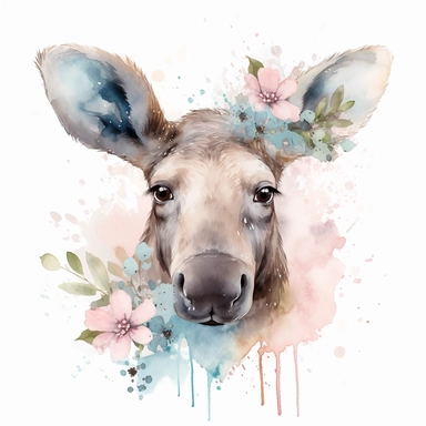 super cute newborn baby moose clipart with huge cute blue eyes long fur smiling painted in watercolour style, splashes, pastel pink and sage green floral elements, white background 8k hd