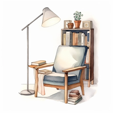 watercolor, hyper realistic, white background, white margins, 16k, ultra detailed clipart, cut out image, hand-drawn, whimsical A minimalist reading nook with a sleek, modern chair, a small table, and a few books, illuminated by a simple, elegant floor lamp.