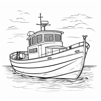 coloring page for kids of boat, white neutral background, clean line art, low details , 1,5px thick black lines, clipart