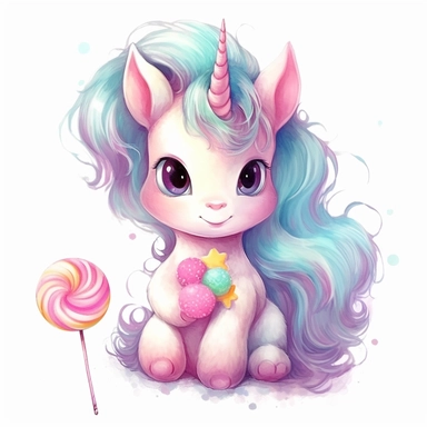 A professional digital art illustration hand painted style of cute baby unicorn clipart, long, pastel color mane and tail, magic candy color magic uinorn watercolor graphics, party candy supplies collection on white background