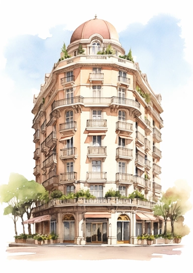 ultra detailed watercolor summer hotel, isolated on white background, realistic, clipart