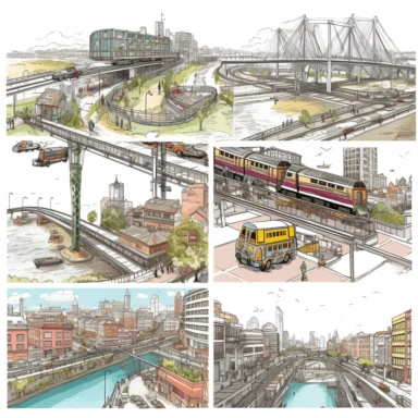 a clipart collection of a set of four City infrastructure, highly detailed, crisp sharp lines , istock, clip-art, ,, 2070s, steel, , how-to, , harmony of, marker”, , 4, instrument, ultimate, 5, movies, three - dimensional , high quality vector svg white background , organised in rows spaces gap orderly