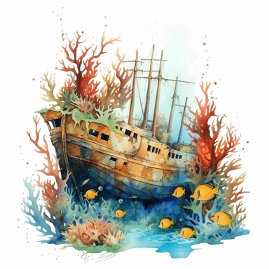 watercolor underwater shipwreck, in a cove , fish coral plant and bubbles, shades of coral turquoise yellow and blue, glamorous, very detailed and realistic, white background with margins, clipart style