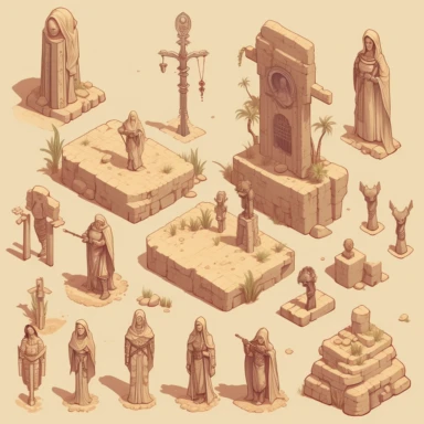 desert statues honoring past heroes or holy figures of the templars, video game asset, isometric, top down, isolated figures, hand drawn, level art, atmospheric effects, spatial concept art, muralist, clipart, ps1 graphics, deconstructed objects, 2d, plain background