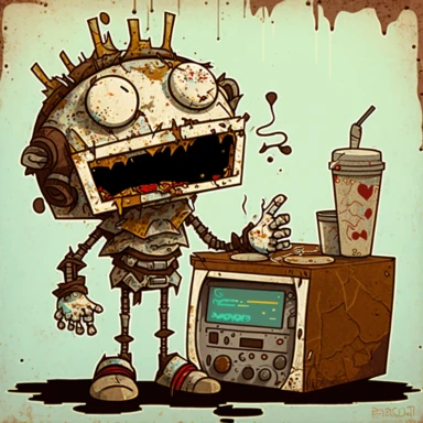 garbage pale kids format, pop surrealism digital art image of broken down, old, rusting, cartoonish, humanoid robot wearing tattered, McDonalds style uniform, made of human clothing. The robot is in an art style inspired by artists like Tara McPhereson, Nooligan, and Robin Eisenberg. To be used for digital clipart. Use dull, 1970's style, yellow, green, brown color scheme for the robot. The robot works at a fast food restaurant and is serving a giant footlong sandwich from behind the counter of 