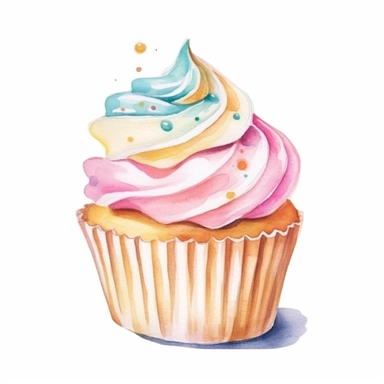 pretty cupcake with white frosting pastel watercolor clipart, single image, white background