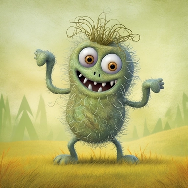 CUTE LITTLE MONSTER dancing on the lawn, muted colors, swirls, twists, twirls, metallic, glitter, stylized, funny, centered, airbrushed, digital oil, detailed illustration, clip art, cartoon, 8k,-- ar 9:8