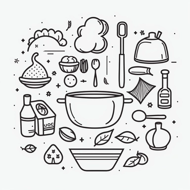 Simple black and white coloring - book clip art with simple shapes, cooking related objects, thin lines, 2d