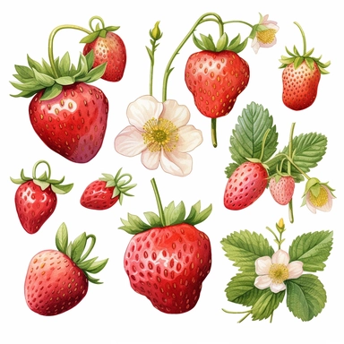 A professional digital art illustration strawberry garden style of garden clipart collection on white background