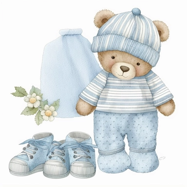 an ultra Cute little newborn baby teddy bear wearing pyjamas, #475F94 dusky blue shabby chic traditional classic striped pyjamas a bedtime hat and slipper shoes, watercolour, cute,, bedtime, sleepy, dreamy, isolated on white background, Clipart