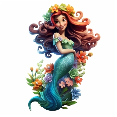 A beautiful smiling mermaid, highly detailed, long hair, beautiful flowers and coral, highly detailed tail, full body image, pixar style, clipart