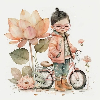 watercolor, very cute little child in a pastel pink coat with lots of pockets, vintage aviator glasses, baby orange trousers holding a little vintage toy, with a backpack, on a vintage bicycle, sorounded by big lotus flowers with long stem, and some fly lanterns, clipart, white background