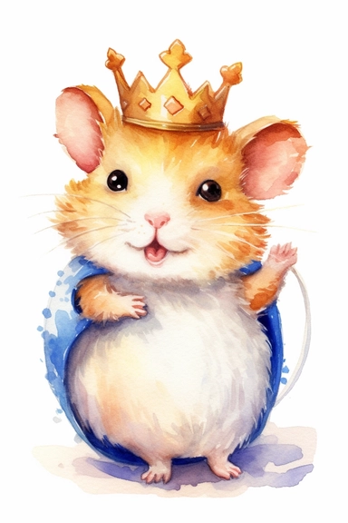 Create a watercolor clipart picture of a happy princess hamster with a crown, white background. The hamster should have a cute and happy expression, with its fur depicted in soft watercolor textures.