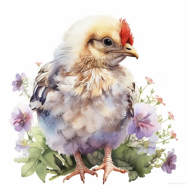 hyperrealistic high detailed watercolor floral baby chicken clipart, white background