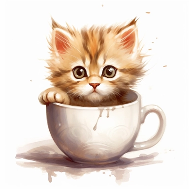 Imagine a curious clipart kitten with wide eyes and a raised paw, peering out from a teacup with a whimsical expression on a clean white background. 032