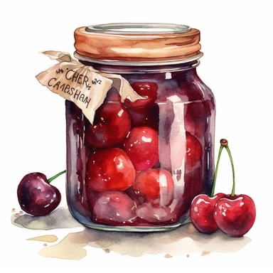 create a stunning watercolor clipart high quality high detail clipart illustration of an old fashioned fancy mason jar of CHERRY jam, no font no text, white background