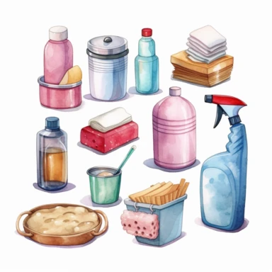 individual products, housekeeping cleaning items, clipart, cartoon, hyperealistic, kawaii, watercolor, clean white background