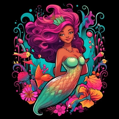 a clipart art T-shirt design black African American magical color colorful mermaid of the the sea cartoon emerald hot pink Disney pixar