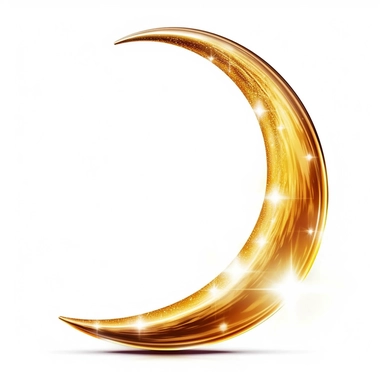 An illustration of a golden glowing beautiful half moon against white background, outerglow, innerglow, fairytail style, white background, clipart, PNG pure white background, high resolution, best quality