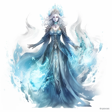 a watercolor clipart with white background of a ice queen with a frosty gown and icy powers, in the style of neon realism, detailed atmospheric portraits, dark and intricate, serene faces, yup'ik art, 2d game art, glowwave, 2d, glowwave, ethereal figures