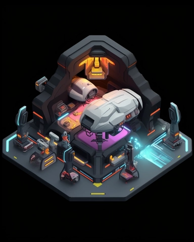 isometric perspective, game sprite, futuristic small spaceship hanger concept, gaming asset, sci-fi, fun, creative, cartoon, clipart, hyper-detailed, black background,