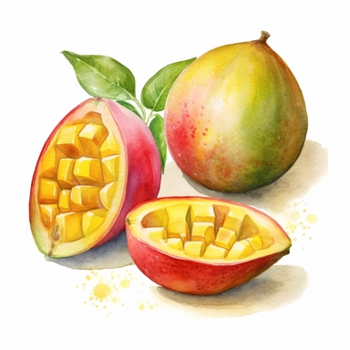 A delightful watercolor clipart illustration showcasing a cut Miracle Fruit, meticulously painted to capture its unique characteristics and vibrant colors. The fruit's distinctive shape, textured skin, and mesmerizing interior pattern are vividly depicted, creating a visually captivating composition. Against a clean white background, the cut Miracle Fruit stands out, exuding a sense of intrigue and visual appeal. This clipart invites the viewer to appreciate the fascinating beauty and inner wond