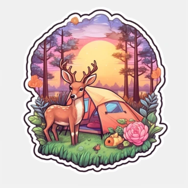 Sticker logo, featuring trees, lush foliage, and woodland creatures like deer or squirrels, capturing the essence of camping in nature, on transparent background free clipart, in the style of digital painting and drawing, 2d game art, scoutcore, anime-influenced, cabincore, high resolution, light sky-blue and dark maroon