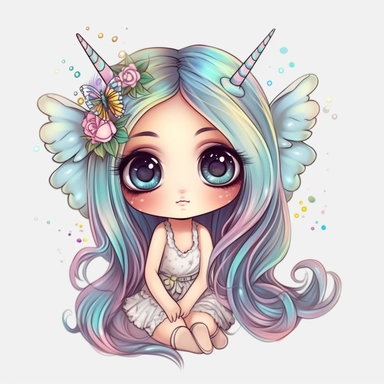 kawaii cute, fairy unicorns, extra long hair, tiny chibi body, rainbow skin tone, blue eyes, butterfly wings, tiara, clipart, sticker, retrowave style, no background, hd
