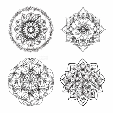 spiritual tattoos by henna, flower of life clipart, in three rows, the space between the items, thin lines geometric simple vector, 2D, white background
