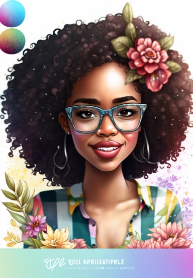 2d watercolor clipart kawaii, spring, april, character of beautiful african american woman smiling, Intricately rendered dark Skinned woman, full body portrait, intricately rendered, 8k, short thick curls brown hair, sparkles, generously detailed, hyper realistic, digital, long rainbow eye lashes, beautiful retro comic urban chick, nerdy, glasses, 8k,