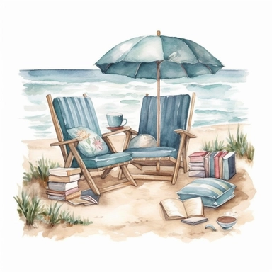Beach Reading Nook clipart, Coastal Reading Corner, Beach Boho, watercolour style, blue ocean