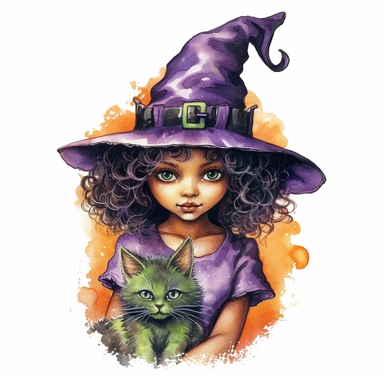 hand drawn black girl kitten with green eyes wearing a purple and orange Halloween dress, fantasy, glamorous, with a matching witch hat, clipart style, detailed and realistic, watercolor, white background with margins