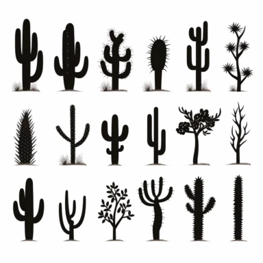 simple clipart silhouette, north american desert plants, no shading or gradient, black and white