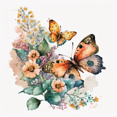 beautiful butterfly with flowers watercolor clipart illustration, transparent background
