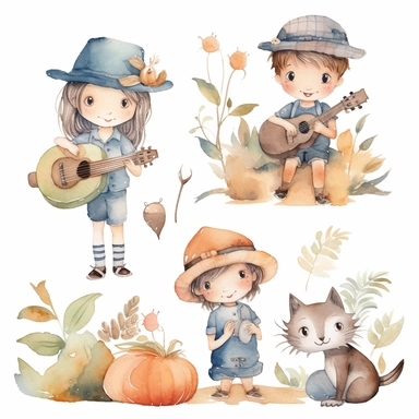 Watercolor boho boy and girl playing wth cat, illustrations clipart set, simple, soft colors, cartoon elements, different variants, cute little boy and girl with cat, separate elements with a margin,