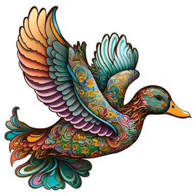 psychedelic cute flying real flower duck art nouveau, bright colours, clipart, centred, white background