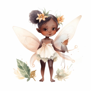 ultra beautiful cute baby girl black skin fairy elf, pixie with beautiful buttefly style wings in a standing position holding a flower in the woods clipart, water color illustration, mary cecily baker style ,white background