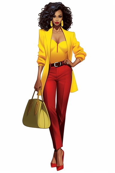 beautiful african american women, clipart, juneteen red, yellow, and green fashion, full body, purse, heels, pants, jacket, shirt, handbag, boss