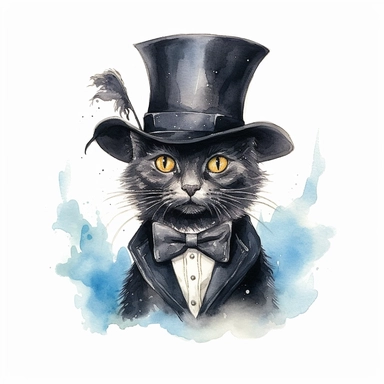 picturesque watercolor and ink style, black cat-bat hybrid with bat wings, bow tie and top hat, clipart on plain white background, Halloween vibes, super scary cute in high detail ultra precision 16k HD, clean crisp brushwork, painted by Beatrix Potter