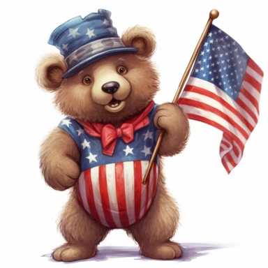 4th of July bear clipart, USA flag, Cartoon, hyper realistic, intricate detail, illustration style,high solution, on the white background